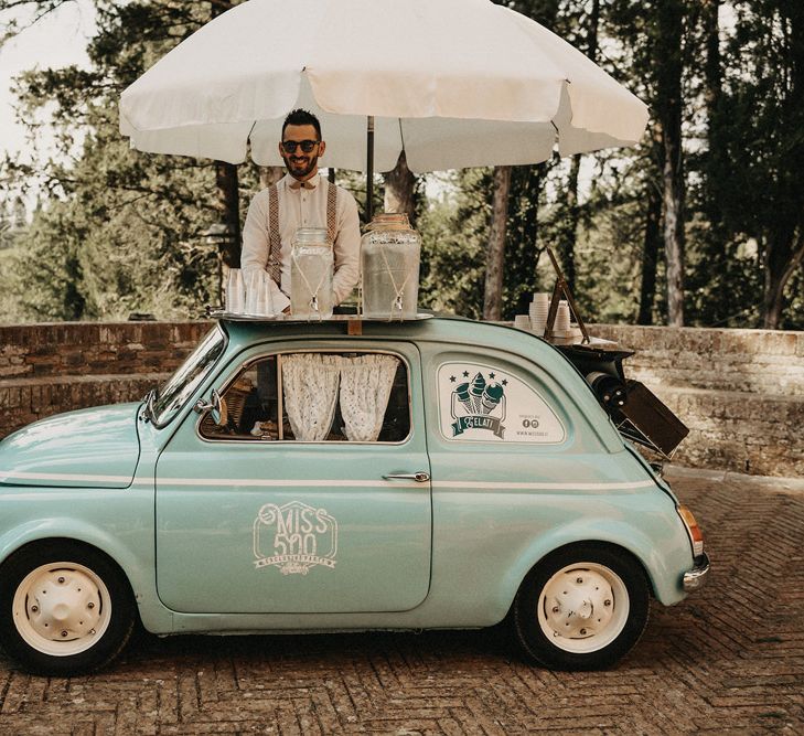 Miss 500 ice cream van in classic blue Italian Fiat 500