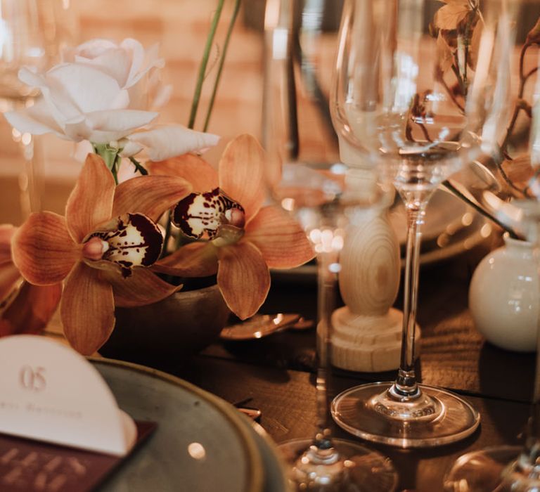 Unique flower details for wedding table at Reymerston Hall