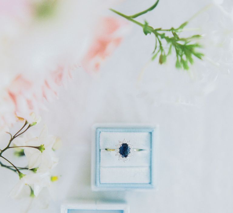 A blue sapphire and diamond wedding ring by Cotton & Gems jewellery