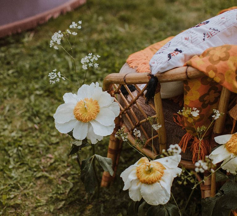 Giant daisy and peony wild wedding flower aisle decor 