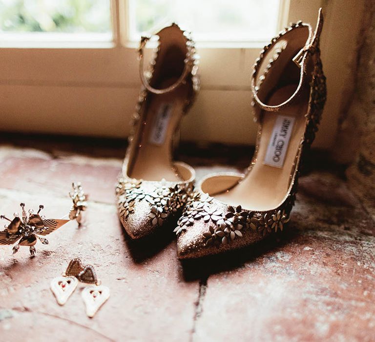 Jimmy Choo bridal shoes complete with floral embellishment 