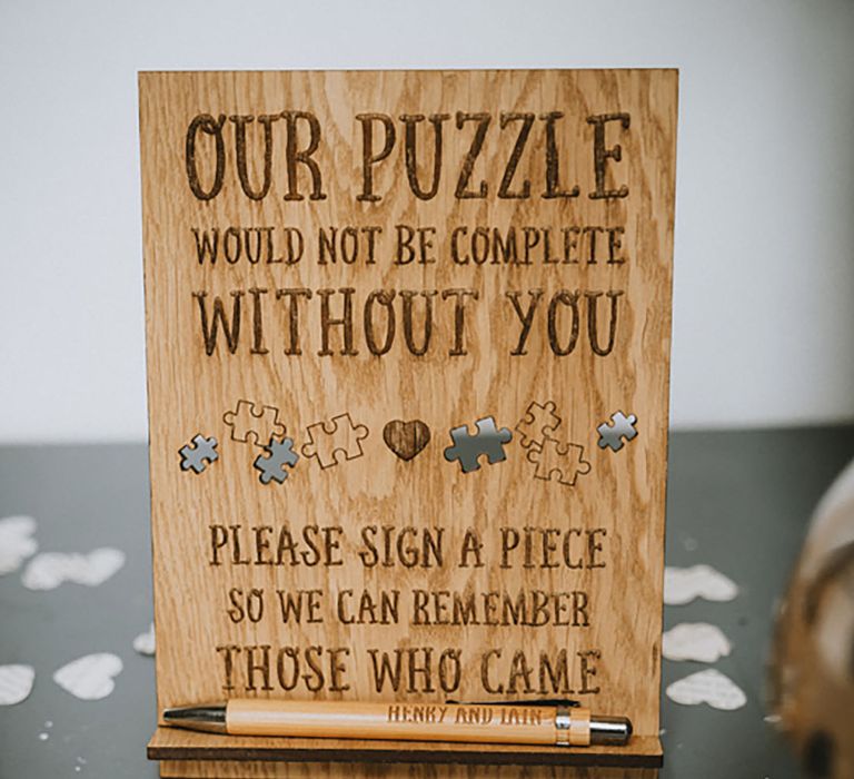 Wooden sign for a wooden puzzle guest book