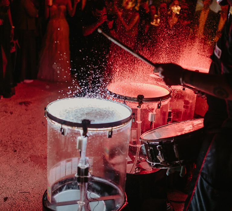 Drummers playing during reception in the jungle of Tulum 