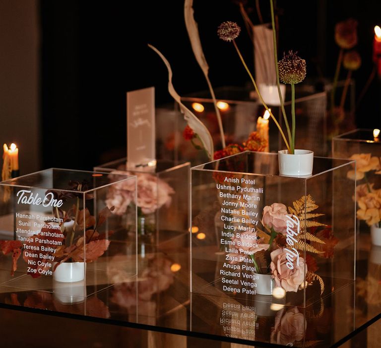 Perspex 3D square unique table plan idea with neutral autumnal wedding flowers 