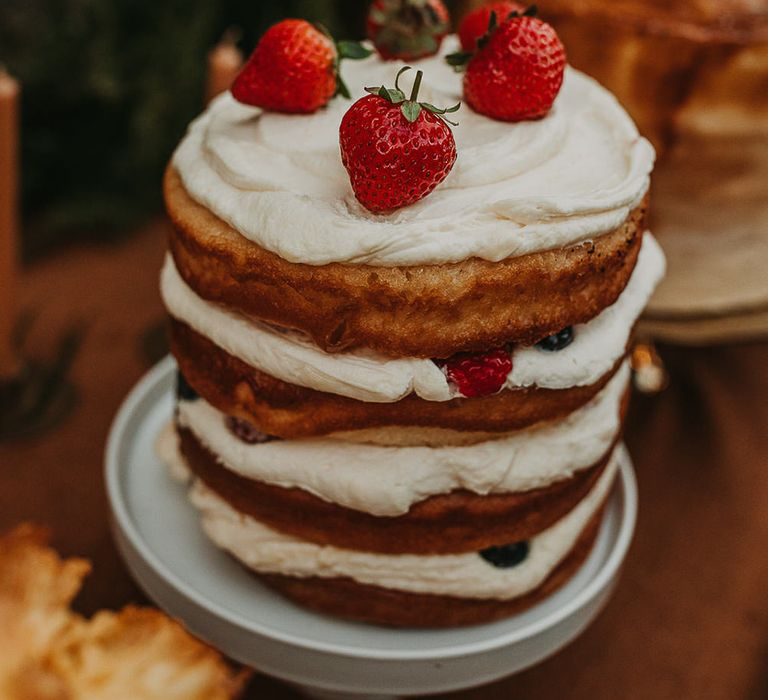 Stacked naked wedding cake with fruit topper 