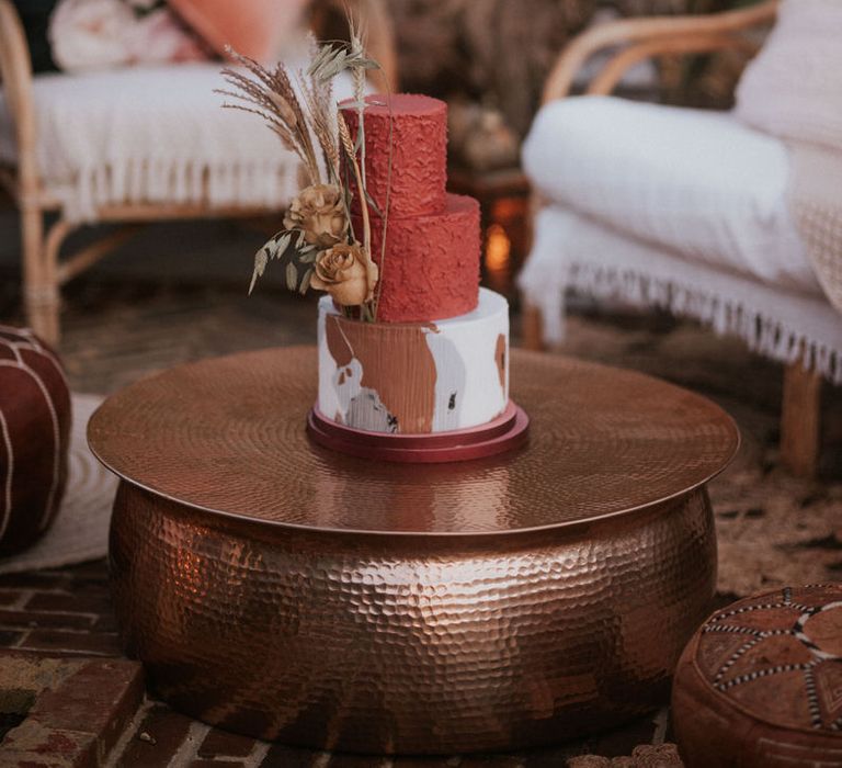 Three tier abstract boho wedding cake with pampas grass detailing