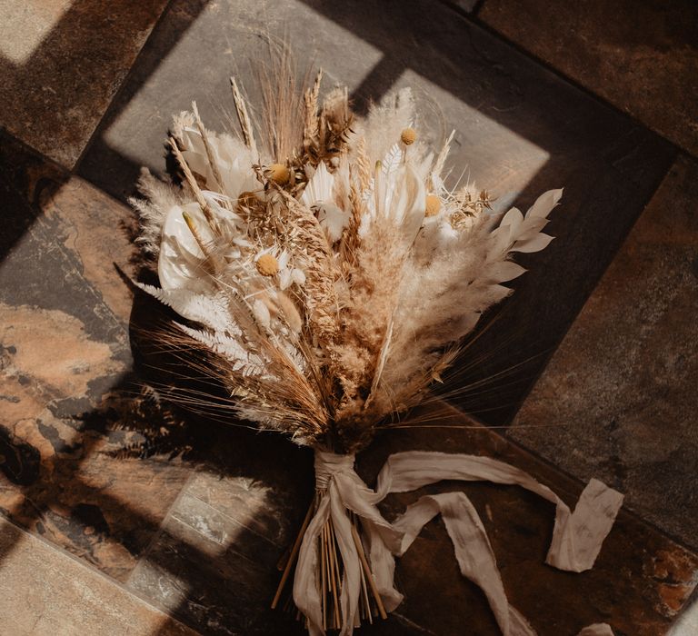 Dried flower wedding bouquet with pampas grass