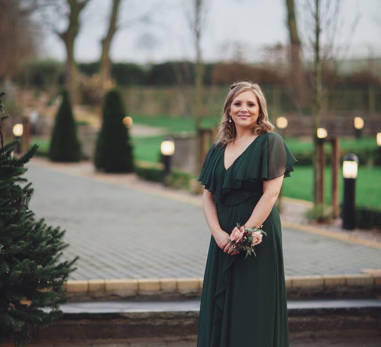 Dark green groomsmaid dress for winter wedding at Darver Castle, Ireland 