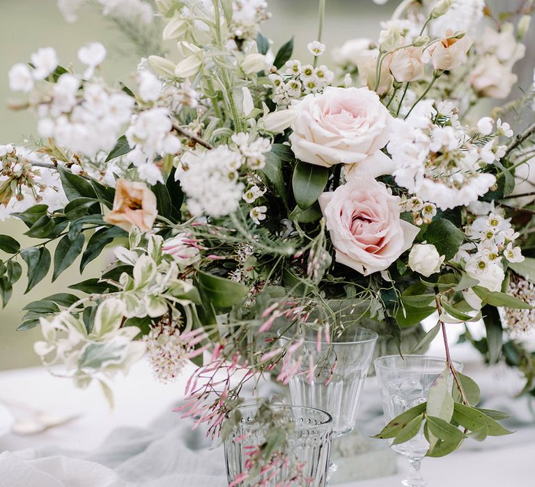 Romantic, white and pink flower colour scheme for a rustic French wedding