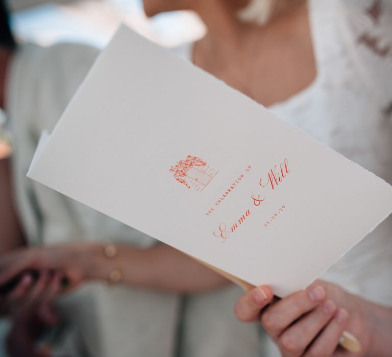 Minimalistic wedding order of service with terracotta details