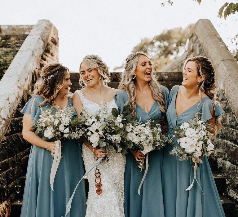 Blue bridesmaid dresses for Plas Dinam country house wedding