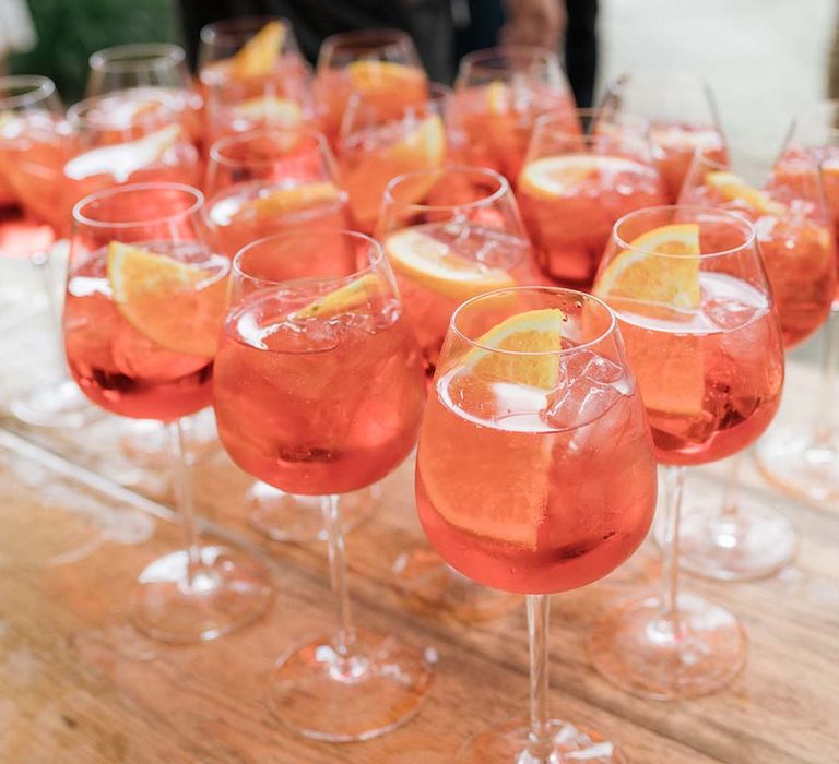 Aperol Spritz drinks for the wedding guests ready and waiting for the party