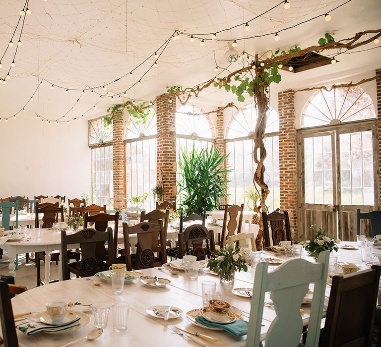 Wedding reception area with fairy lights 