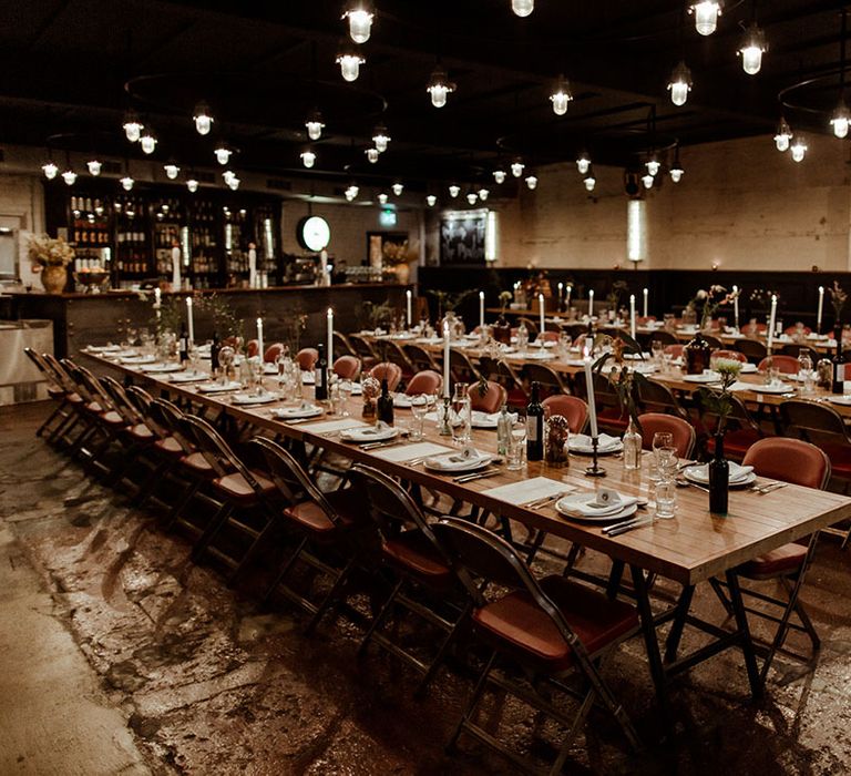 Wooden banquet tables at The Mowbray for rustic wedding reception 