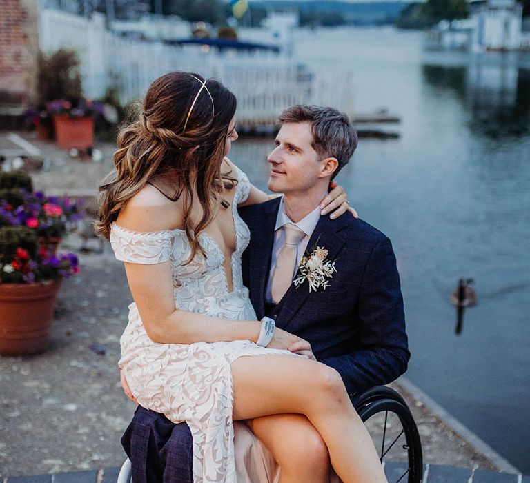 Bride and groom look lovingly into each other's eyes 