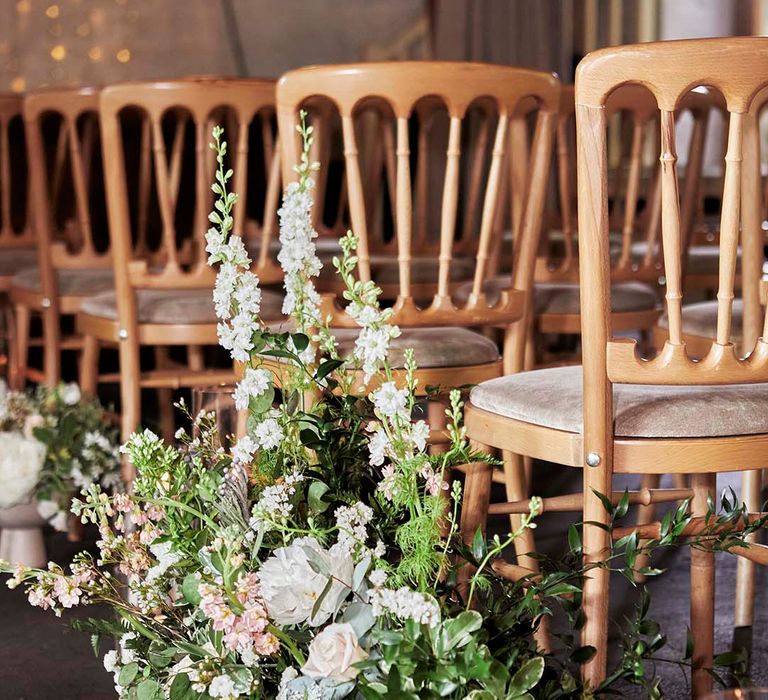 White, pink and green aisle wedding flowers 