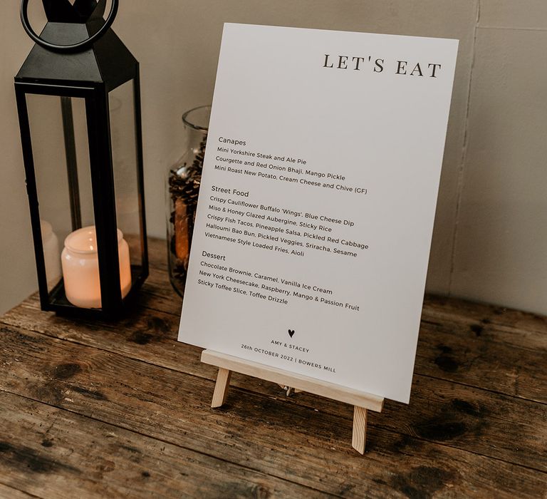 Black and white minimalist wedding food menu sign 