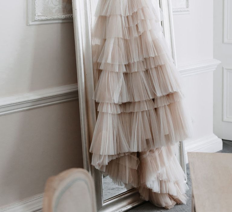 Layered ruffle Alena Leena wedding reception dress 