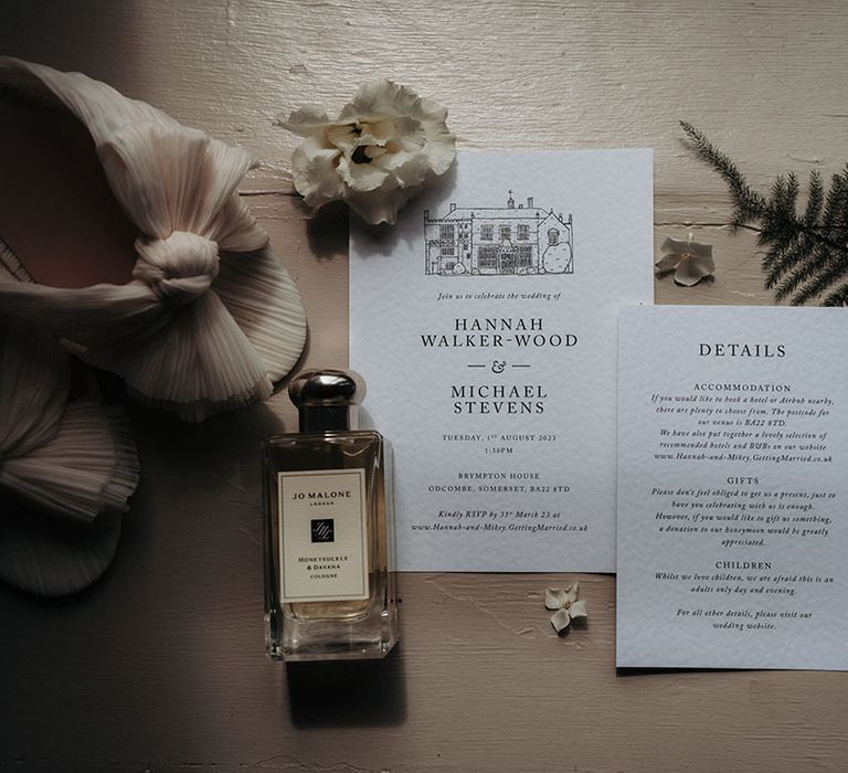 Monochrome wedding stationery with Jo Malone London bridal perfume 