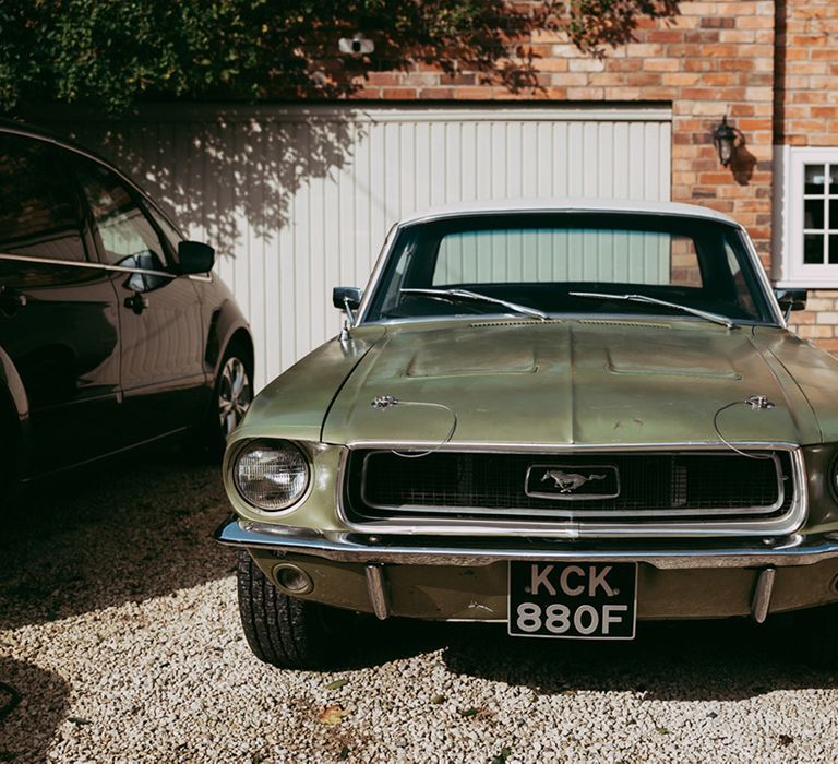 Green vintage wedding car classic Mustang 