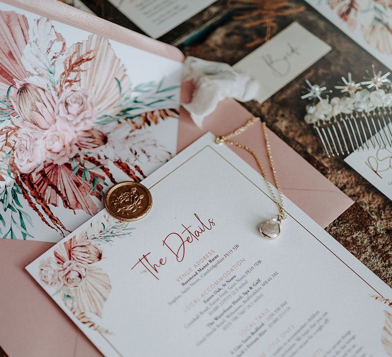 Pink floral stationery wedding details card for the late summer editorial shoot 