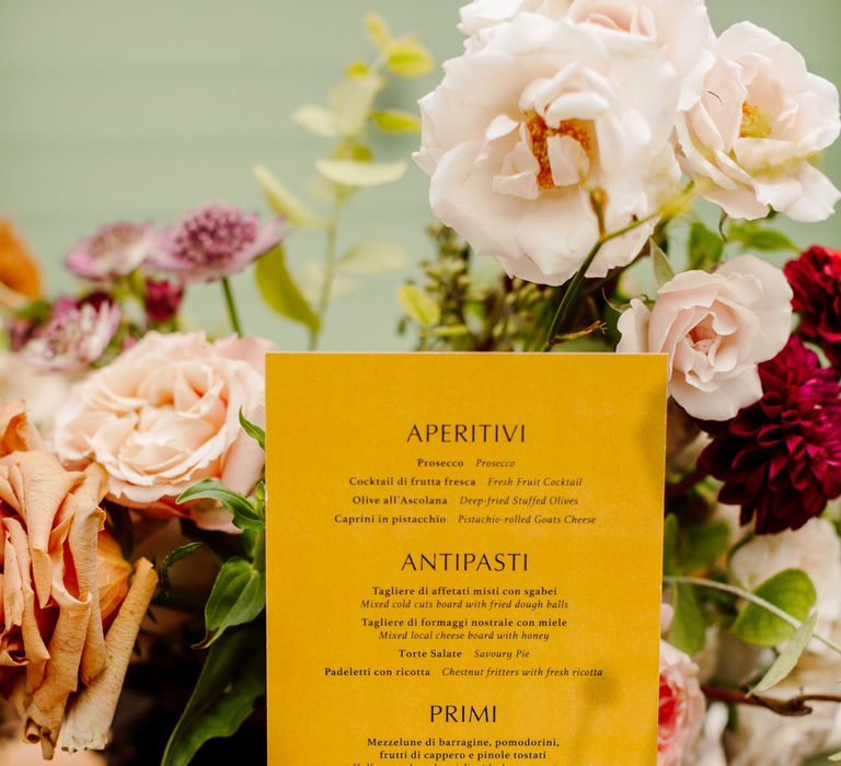 Yellow Italian wedding menu stationery by Ephemora