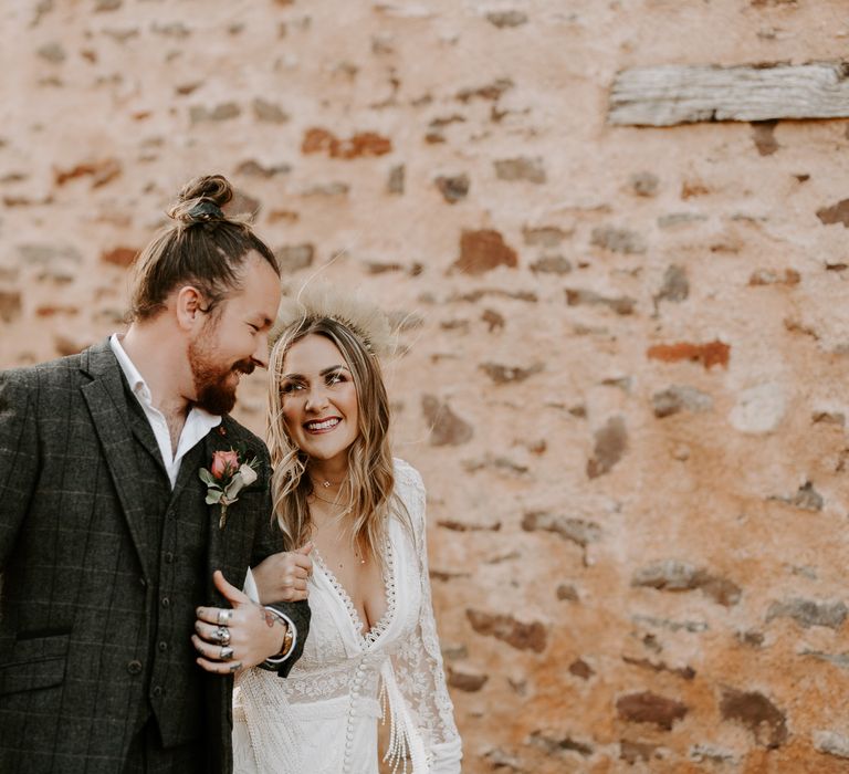 Bride and groom at boho wedding