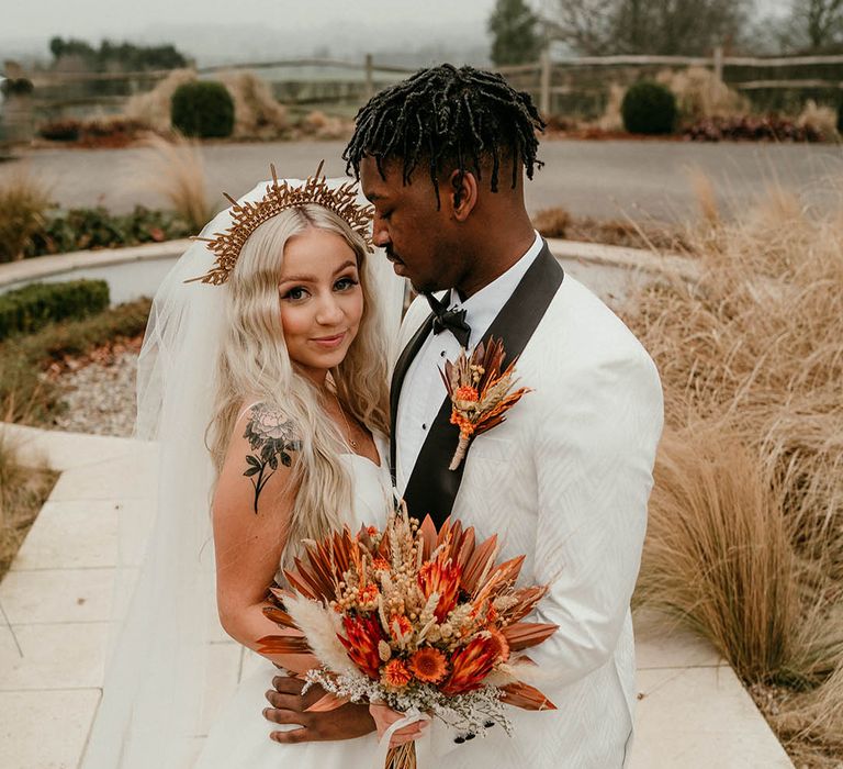 DIY gold wedding crown for bride at winter wedding