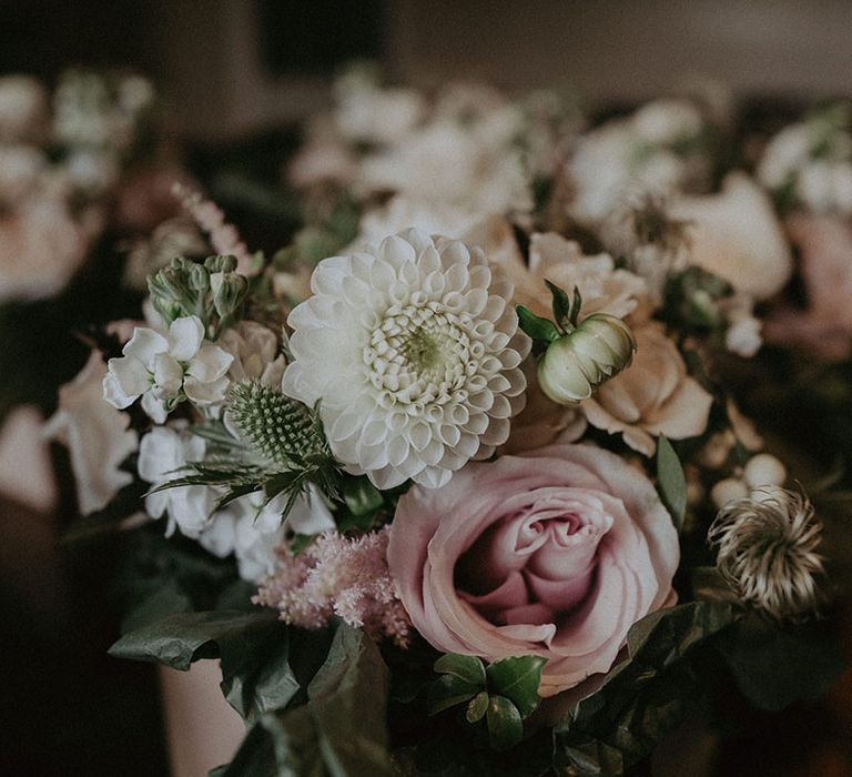 White and pink flower with greenery wedding bouquets for the bridesmaids