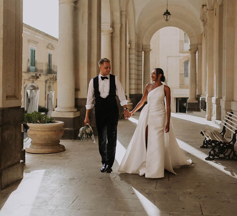 Borgo del carato wedding with bride in a one shoulder Jane Hill Bridal gown 