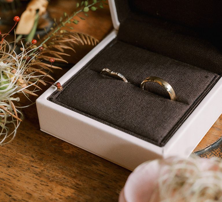 The bride and groom's wedding band in a jewellery box for the ceremony 