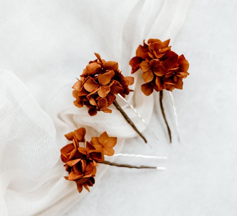 rust orange hydrangea hair pins 