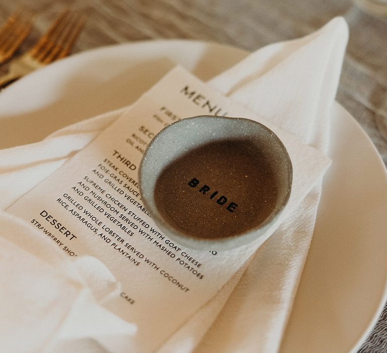 place setting with menu card, and customised ceramic ring dishes for Mexican wedding 