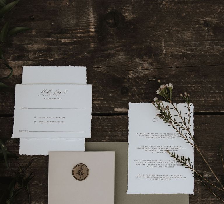 Wedding stationery suite with gold wax seal, green envelopes and more 