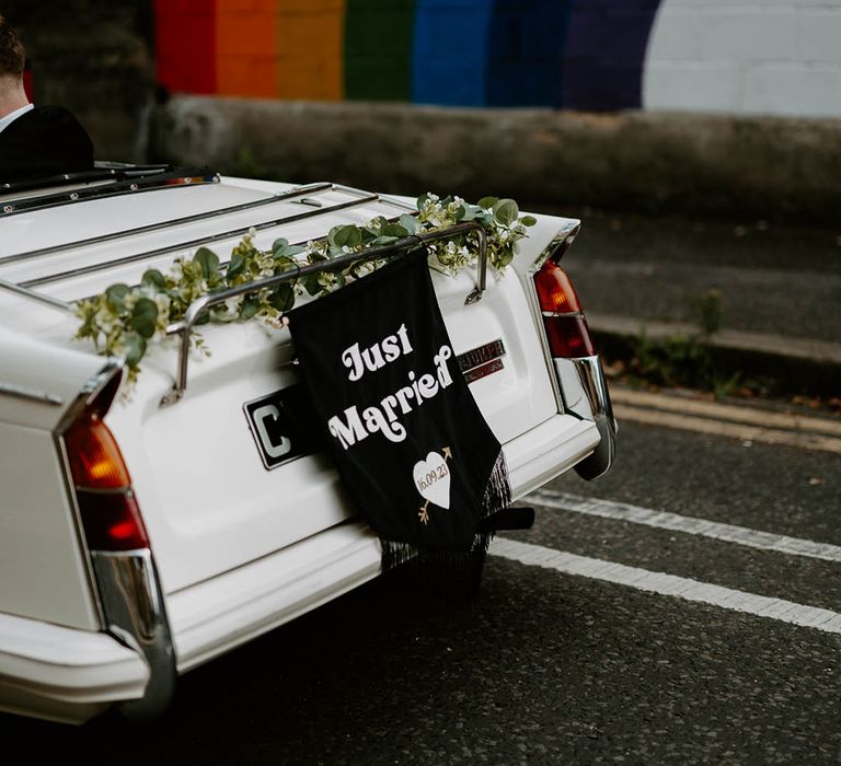 Black and white monochrome 'Just Married' wedding banner sign 