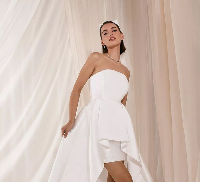 Strapless white Coast wedding dress in satin with overskirt 