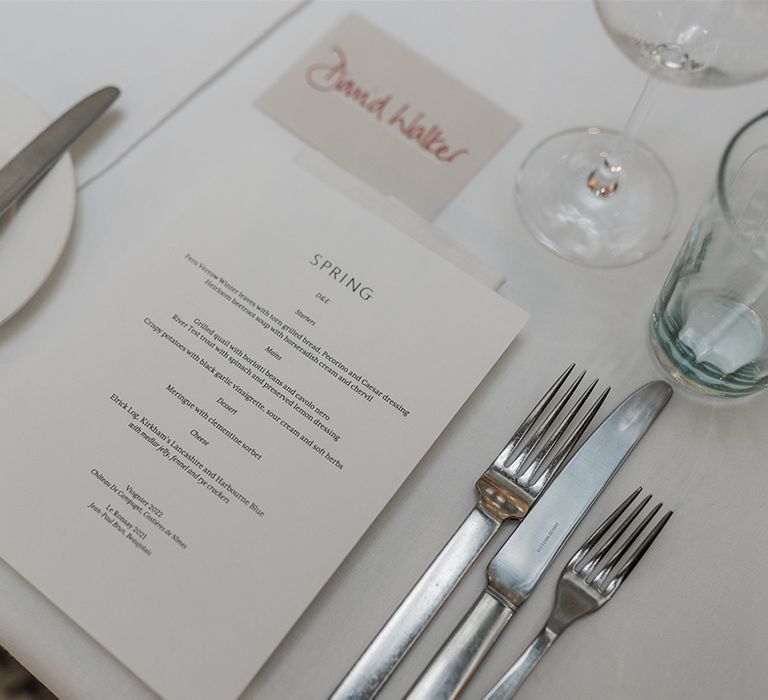 Simple minimalist wedding menu stationery for guests at Somerset House 