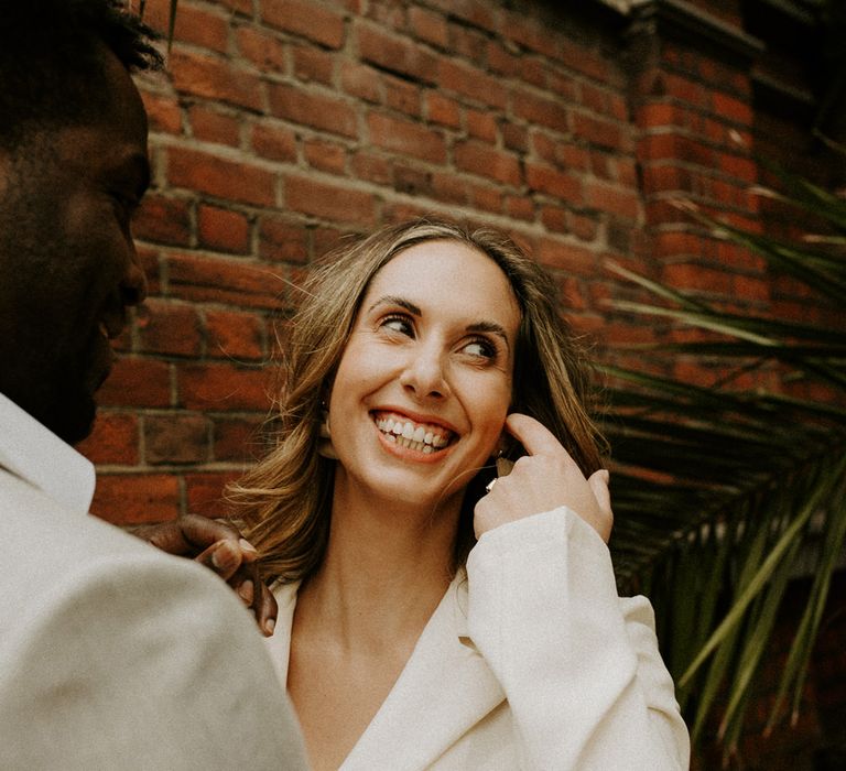 Happy bride at city elopement 