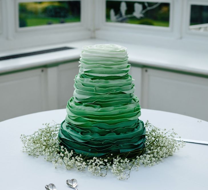 Green ombre wedding cake with ruffles 