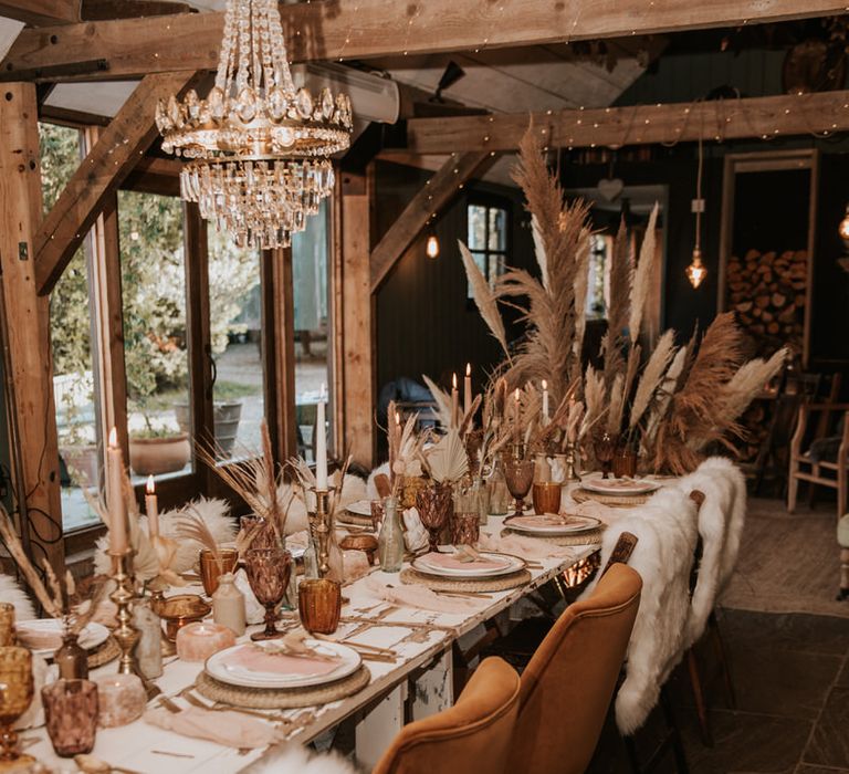 Boho inspired tablescape inside the Preston Court barn