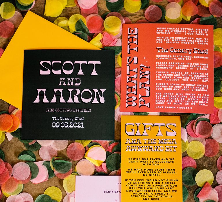 Colourful confetti and retro wedding stationery 