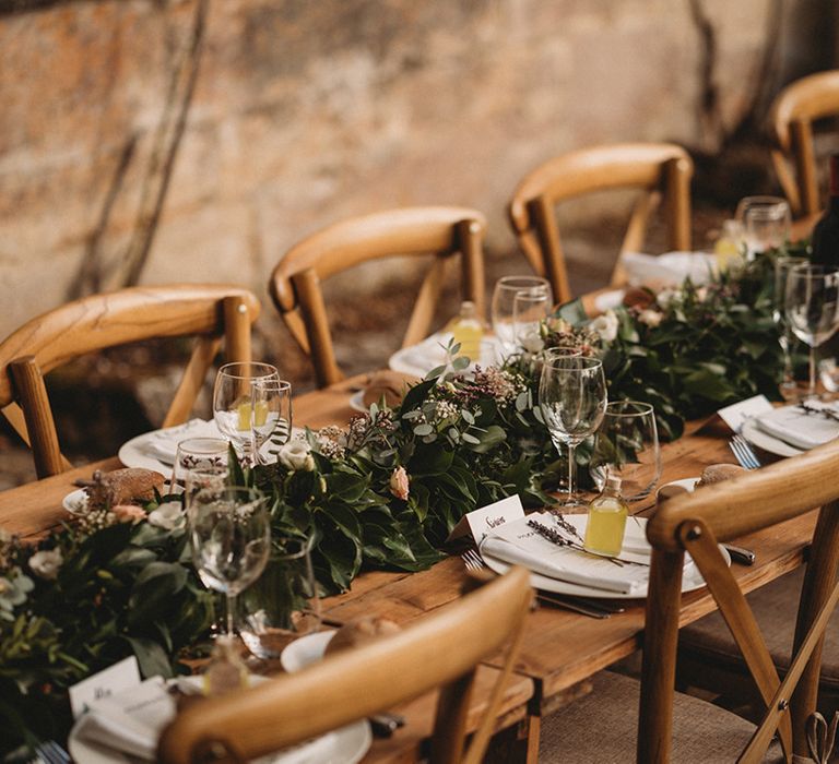 Foliage wedding table runners and limoncello wedding favours table decoration