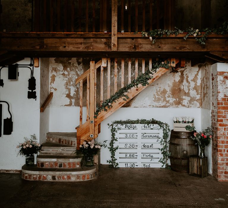 DIY wooden palette Order Of The Day wedding sign for rustic wedding at Woolas Barn 