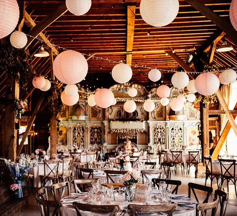 Lantern wedding decorations above tables at Preston Court