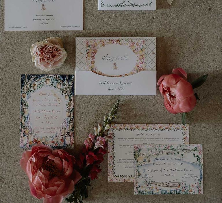 Flower watercolour wedding stationery with pink flowers 