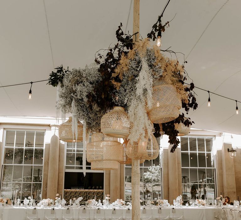 Large neutral dried flower display in the marquee at the Wilderness Reserve 