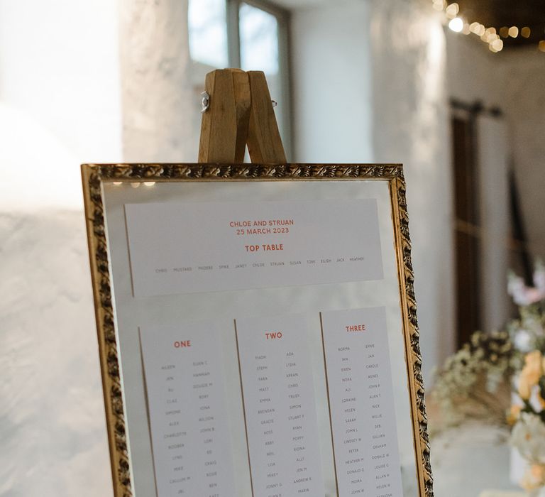 Simple wedding seating chart for The Cowshed Crail wedding 