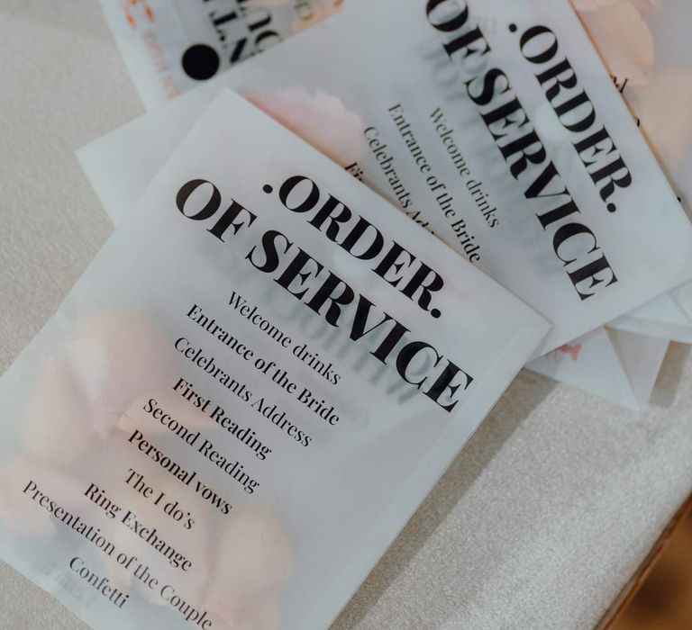 Wedding order of service stationery with confetti inside at Fabrica Brighton wedding venue 