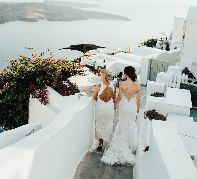 Brides in Santorini for their intimate wedding day with incredible views of the island 