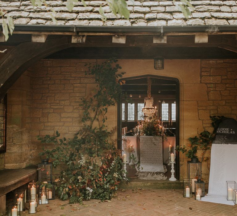 Intimate wedding reception at Hooton Pagnell Hall with autumn wedding decor and fruits from their orchard 